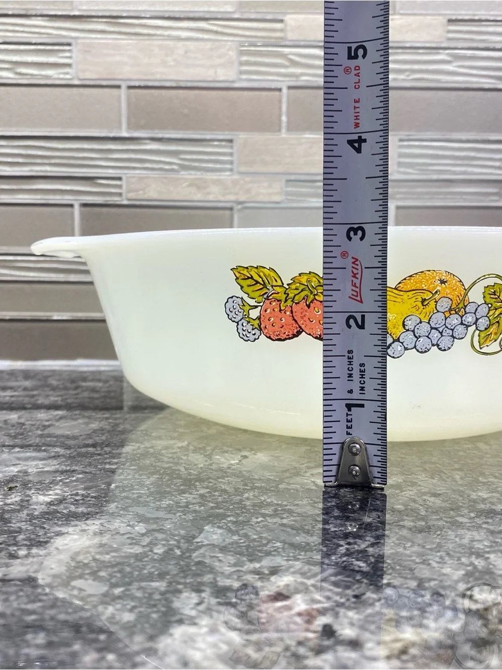 Anchor Hocking Fire King Natures Bounty Fruit Pattern Milk Glass Casserole Dish